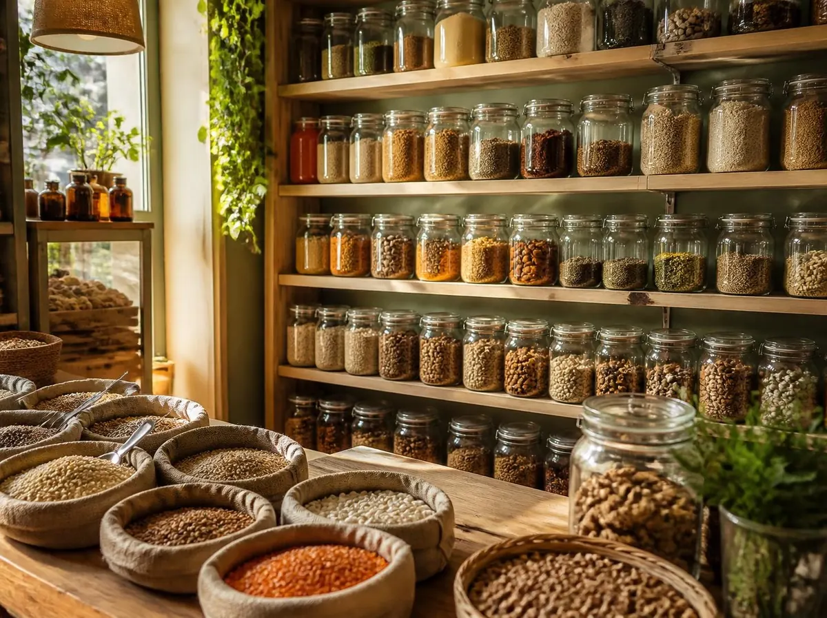 Interior de un almacén natural: estantes de madera con frascos de vidrio llenos de legumbres, semillas y especias, y bolsas de arpillera con granos sobre el mostrador