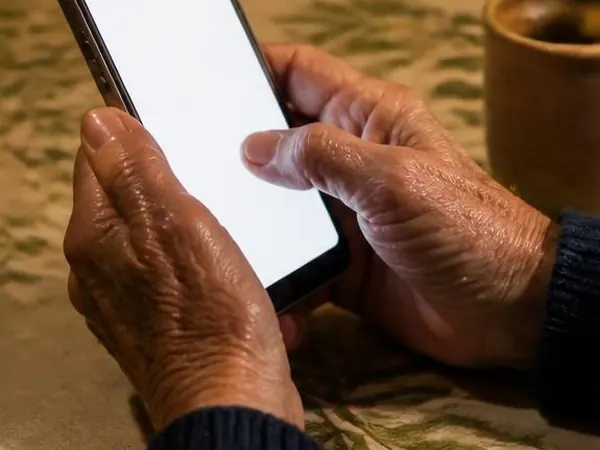 Manos de una persona mayor sosteniendo un celular sobre una mesa con mantel